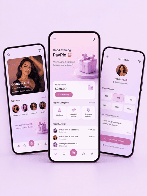 PayPig Canada app — discover matches, send tributes securely, and manage your findom dynamics on iOS and Android